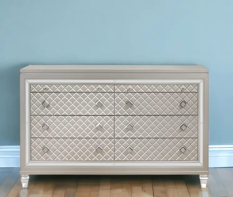 65" Champagne Solid Wood With Bling Six Drawer Double Dresser