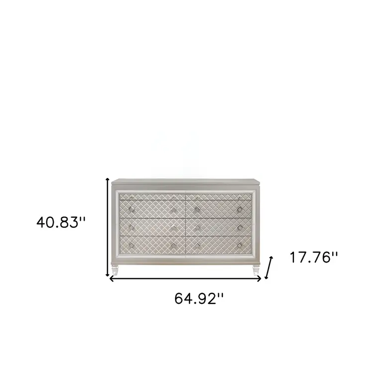65" Champagne Solid Wood With Bling Six Drawer Double Dresser