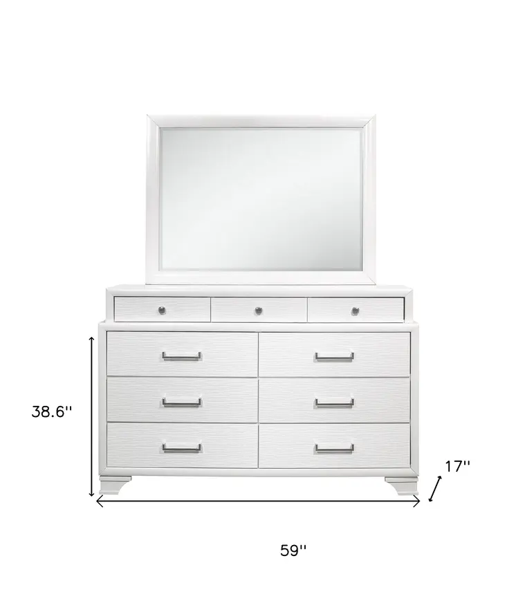 59" White Solid Wood Mirrored Nine Drawer