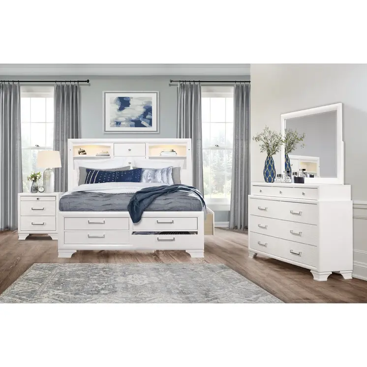 59" White Solid Wood Mirrored Nine Drawer