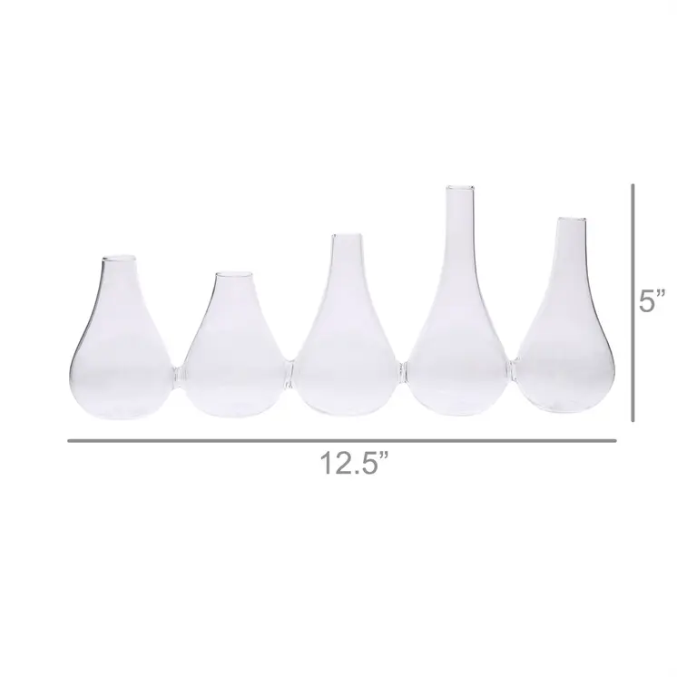 Set of Five Clear Bud Cojoined Glass Table Vases