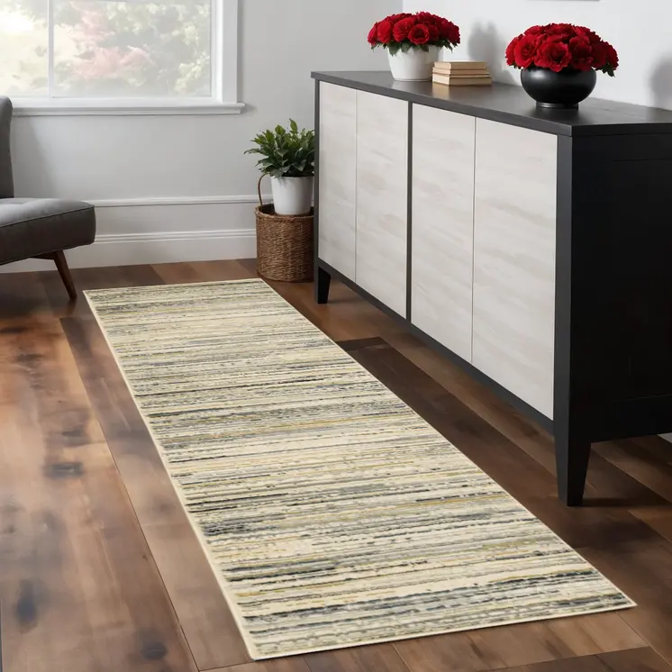 8' Ivory Sage Abtract Lines Indoor Runner Rug