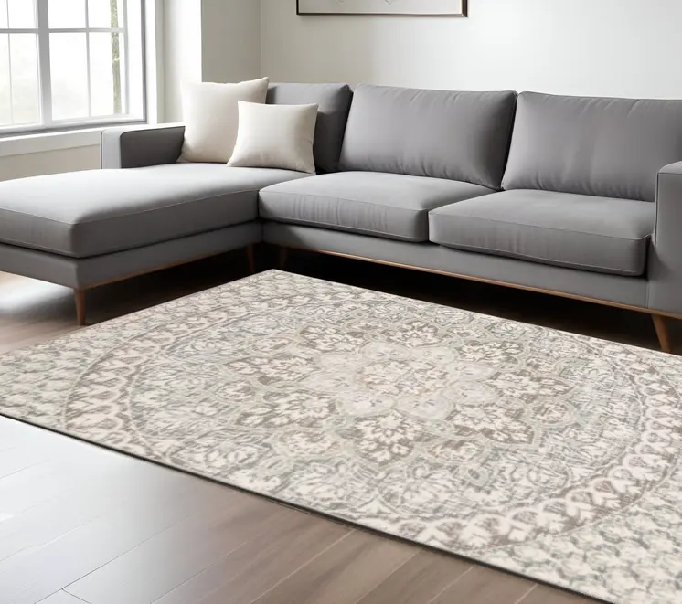 6' X 9' Ivory And Gray Medallion Distressed Area Rug