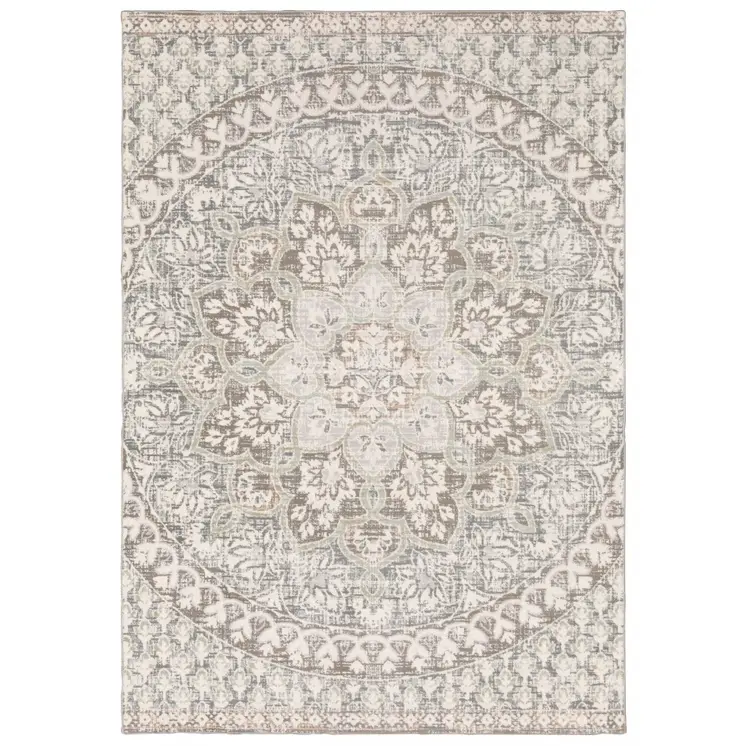 10' X 13' Ivory And Gray Medallion Distressed Area Rug