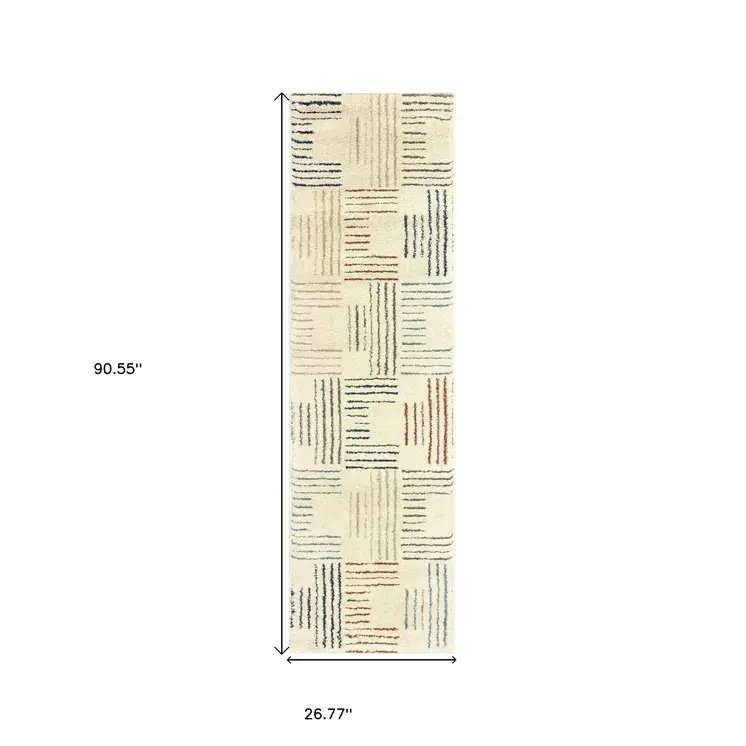 8' Ivory And Blue Runner Rug