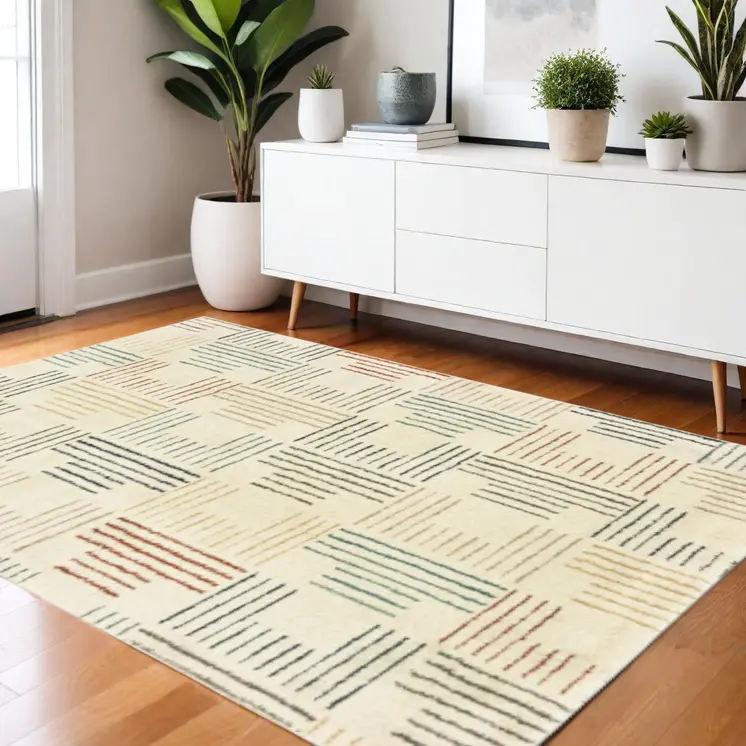 4' X 6' Ivory Blue And Red Geometric Area Rug