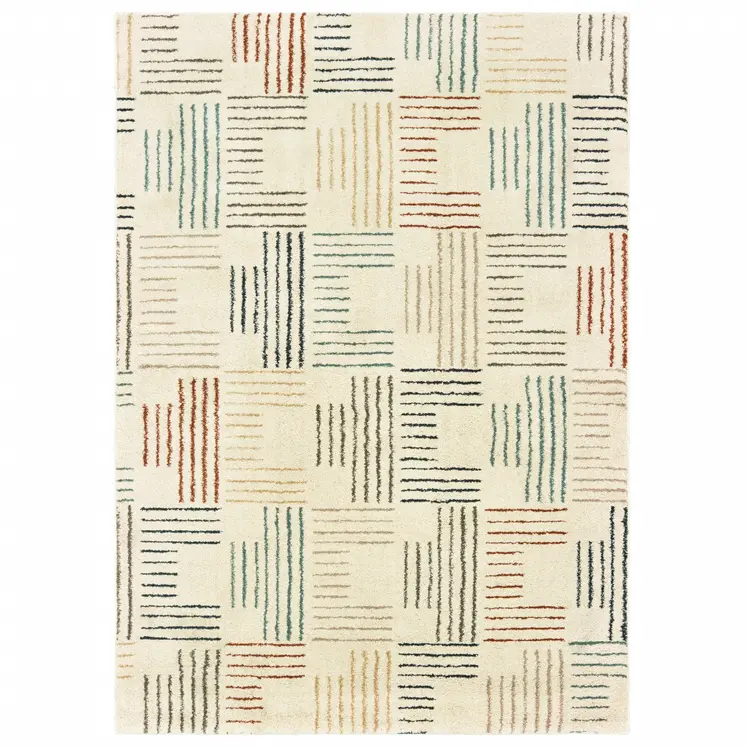7' X 10' Ivory Blue And Red Geometric Area Rug