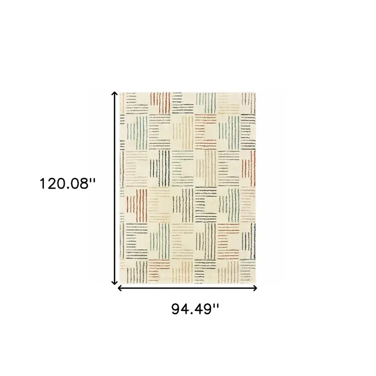 7' X 10' Ivory Blue And Red Geometric Area Rug