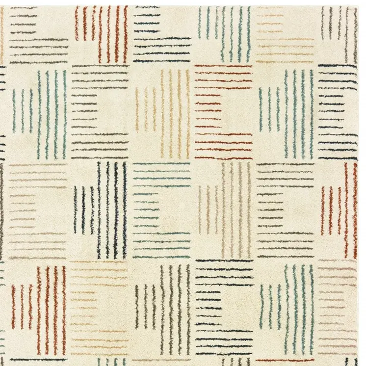7' X 10' Ivory Blue And Red Geometric Area Rug
