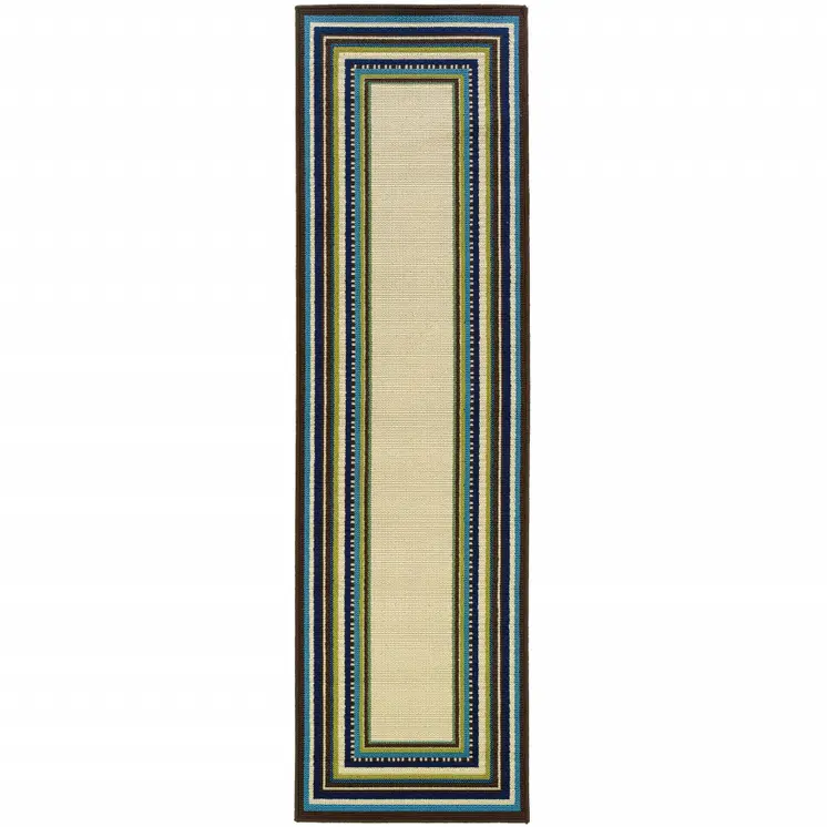 2' X 3' Ivory and Blue Striped Indoor Outdoor Area Rug