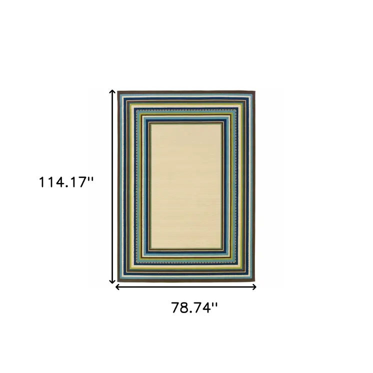 7' X 10' Ivory And Blue Striped Indoor Outdoor Area Rug