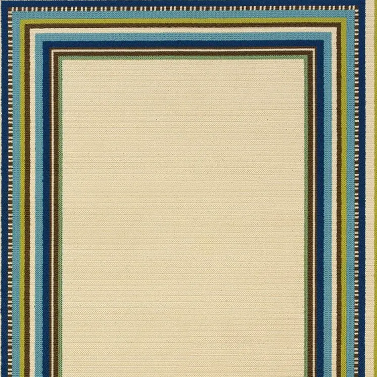 7' X 10' Ivory And Blue Striped Indoor Outdoor Area Rug