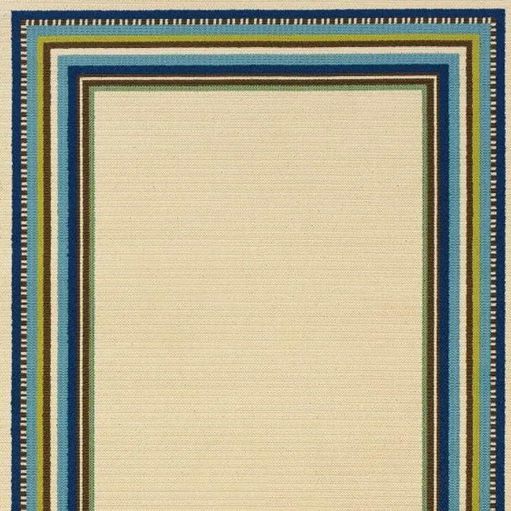8' X 11' Ivory And Blue Striped Indoor Outdoor Area Rug