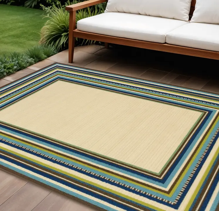 8' X 11' Ivory And Blue Striped Indoor Outdoor Area Rug