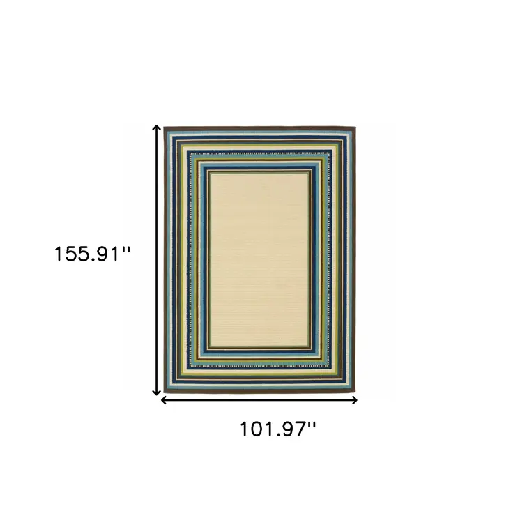 8' X 13' Ivory And Blue Striped Indoor Outdoor Area Rug