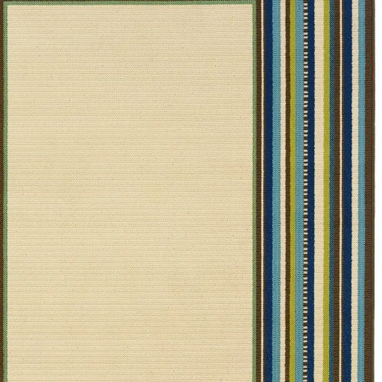 8' X 13' Ivory And Blue Striped Indoor Outdoor Area Rug
