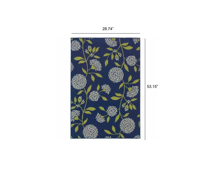 2' X 5' Blue And Green Floral Indoor Outdoor Area Rug