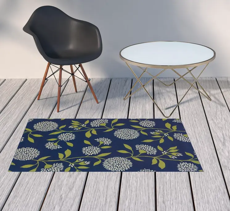 2' X 5' Blue And Green Floral Indoor Outdoor Area Rug