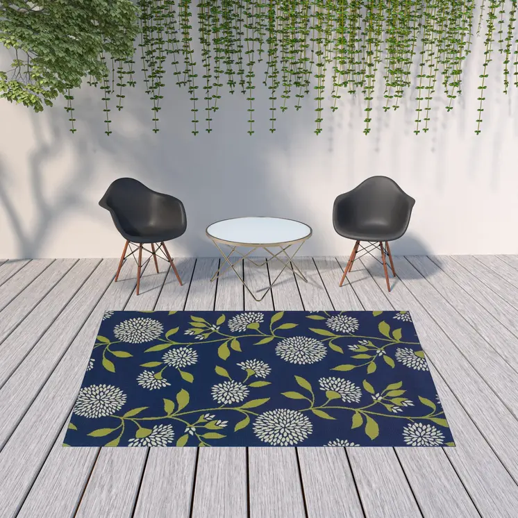 7' X 10' Blue And Green Floral Indoor Outdoor Area Rug