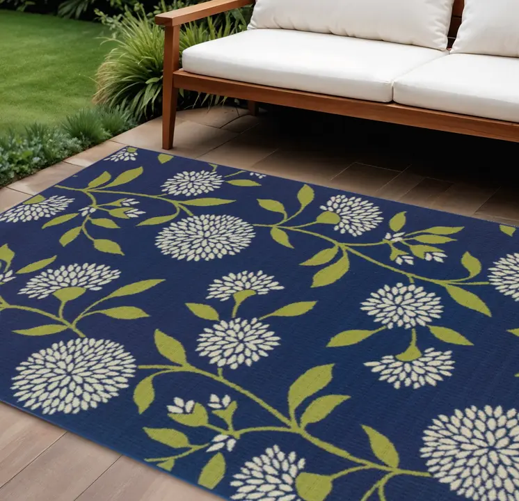 8' X 11' Blue And Green Floral Indoor Outdoor Area Rug