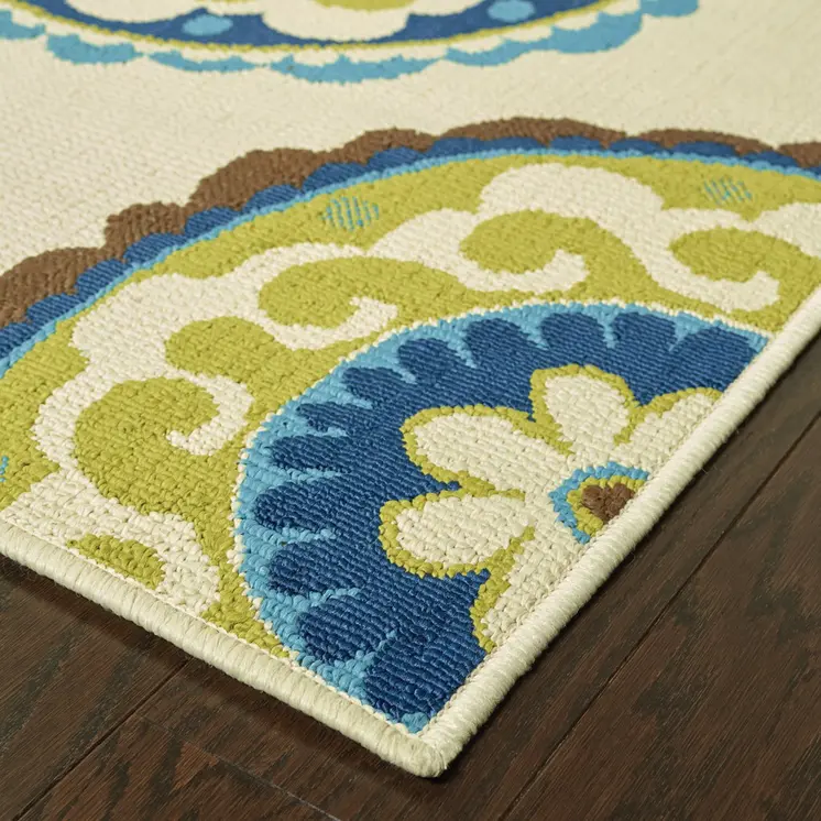 8' X 11' Ivory Indigo And Lime Green Floral Medallion Indoor Outdoor Area Rug