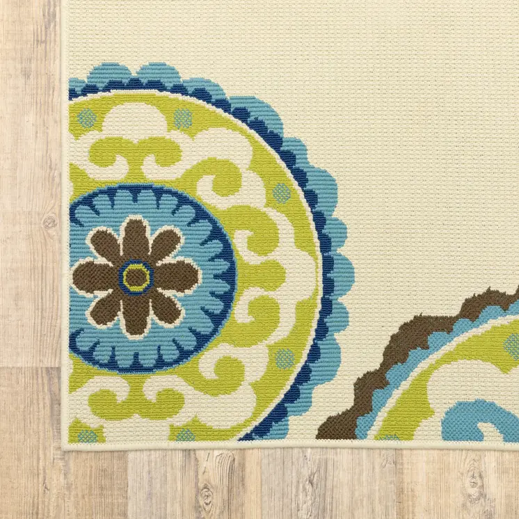 8' X 11' Ivory Indigo And Lime Green Floral Medallion Indoor Outdoor Area Rug