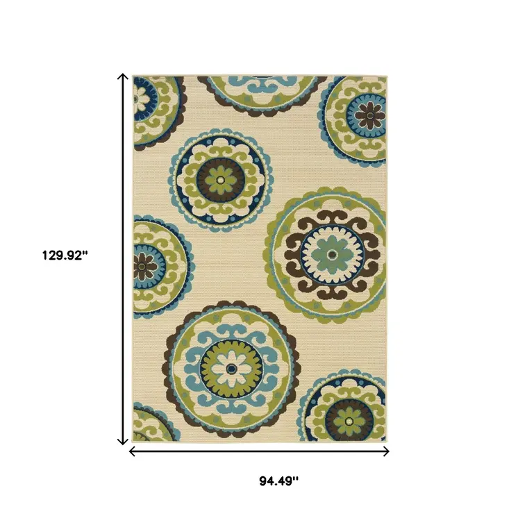 8' X 11' Ivory Indigo And Lime Green Floral Medallion Indoor Outdoor Area Rug