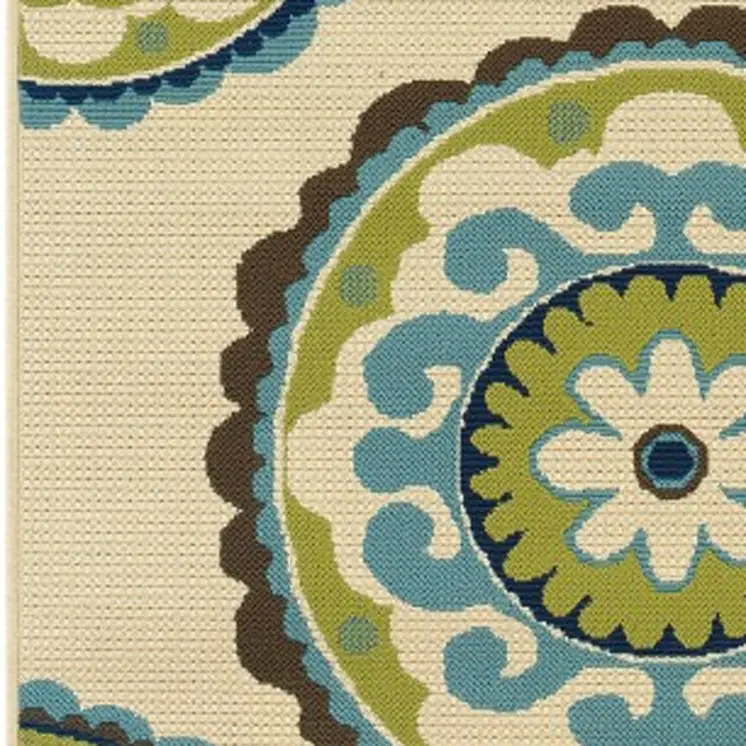 8' X 11' Ivory Indigo And Lime Green Floral Medallion Indoor Outdoor Area Rug