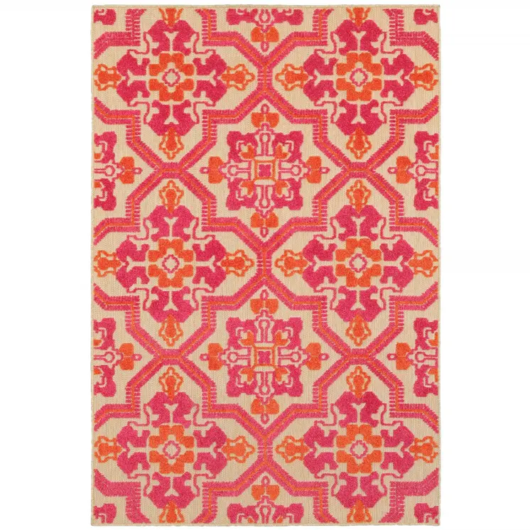 7' X 10' Pink And Orange Moroccan Indoor Outdoor Area Rug