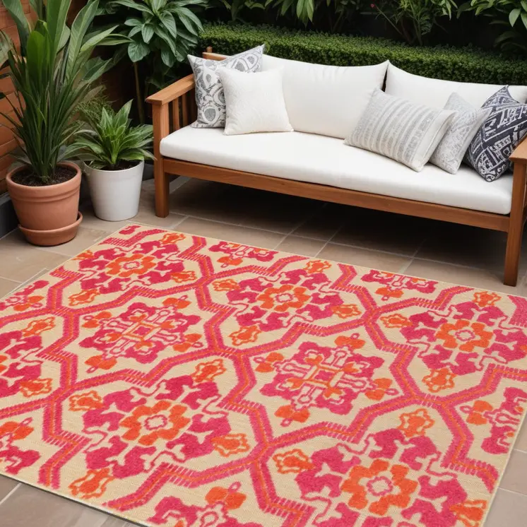 7' X 10' Pink And Orange Moroccan Indoor Outdoor Area Rug