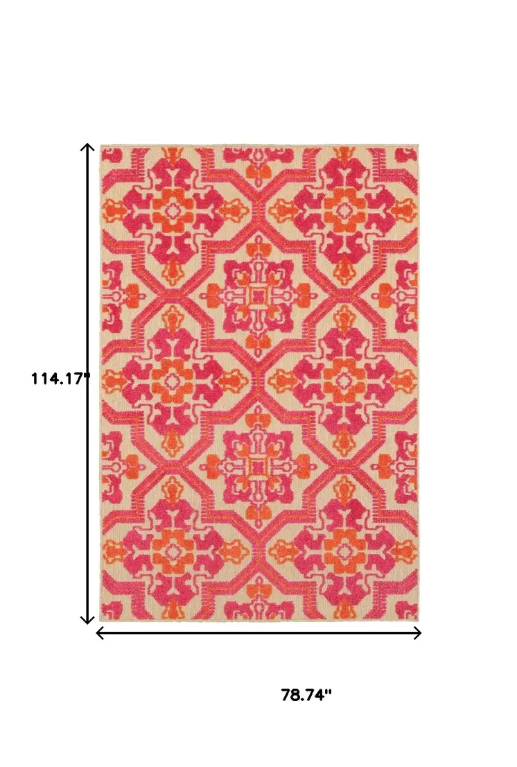 7' X 10' Pink And Orange Moroccan Indoor Outdoor Area Rug