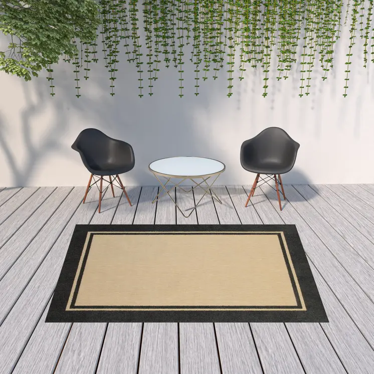 7' X 10' Beige And Black Indoor Outdoor Area Rug