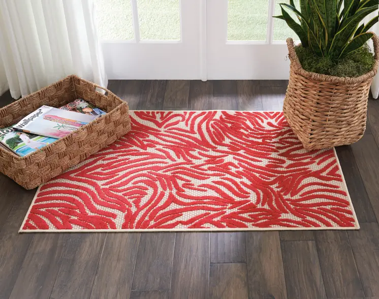 3' X 4' Red And Ivory Abstract Indoor Outdoor Area Rug