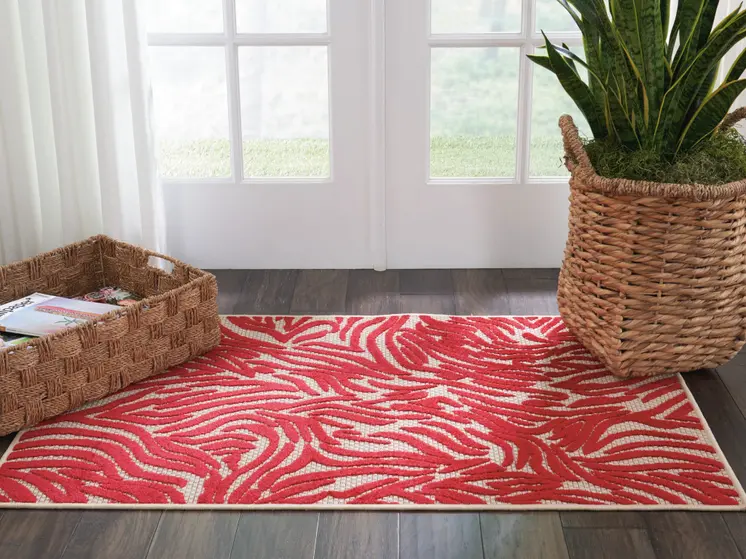 3' X 4' Red And Ivory Abstract Indoor Outdoor Area Rug