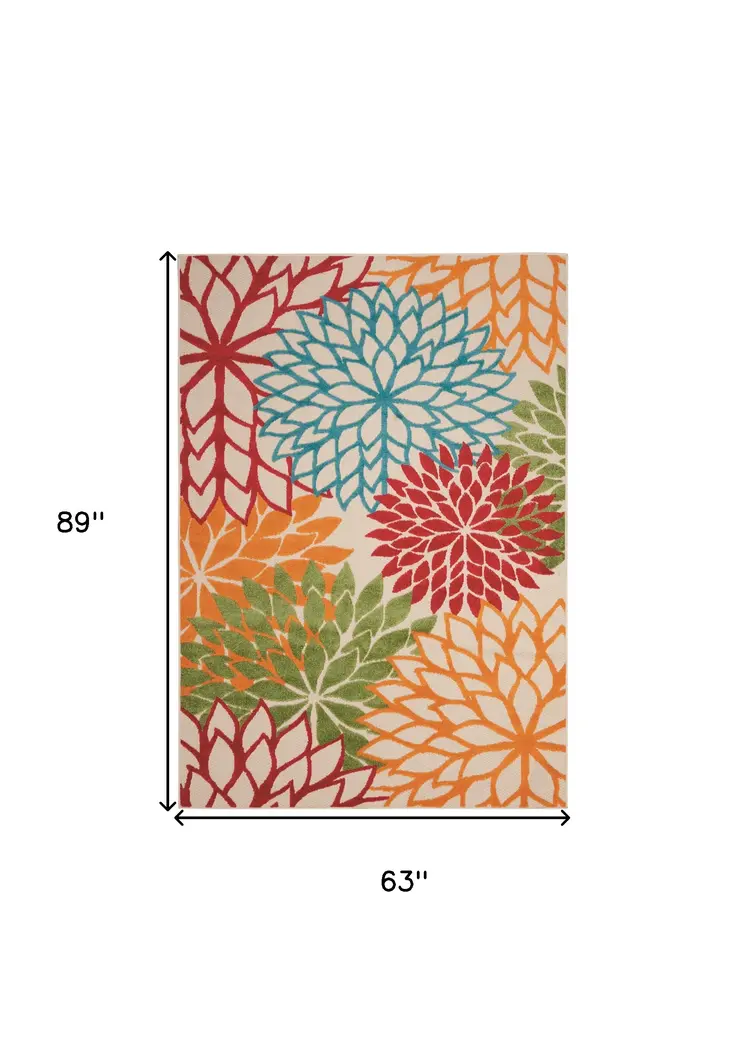 5' X 8' Green And Ivory Floral Indoor Outdoor Area Rug