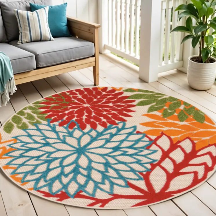 5' Green And Ivory Round Indoor Outdoor Area Rug