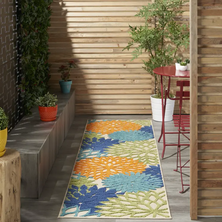 6' Ivory And Blue Indoor Outdoor Runner Rug