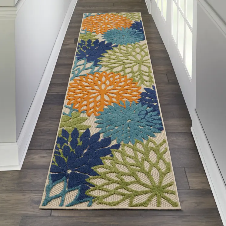 6' Ivory And Blue Indoor Outdoor Runner Rug