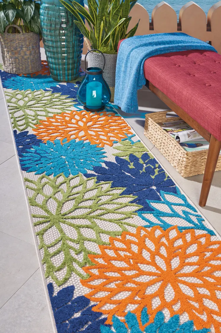 12' Ivory And Blue Floral Indoor Outdoor Runner Rug