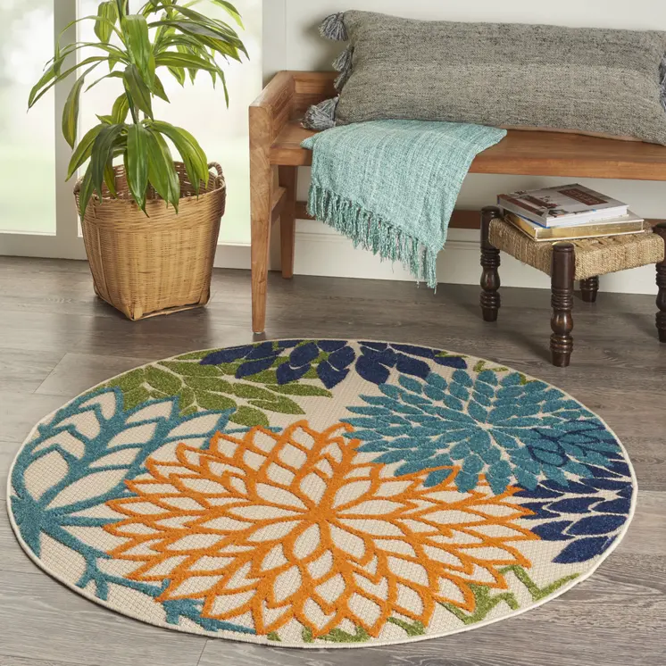 4' Ivory And Blue Round Indoor Outdoor Area Rug