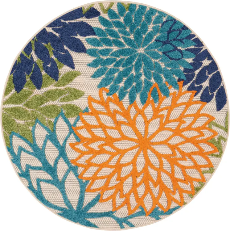 4' Ivory And Blue Round Indoor Outdoor Area Rug