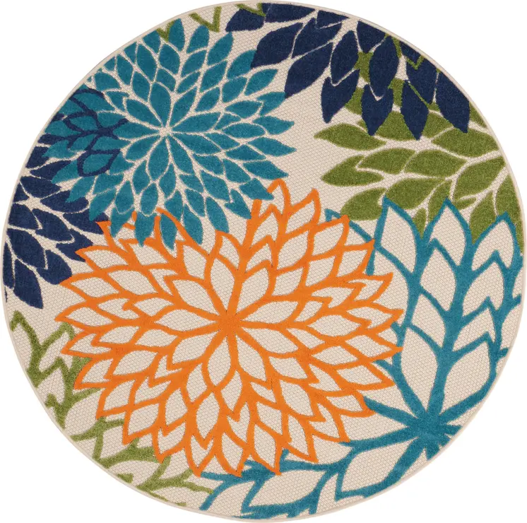 5' Ivory And Blue Round Indoor Outdoor Area Rug