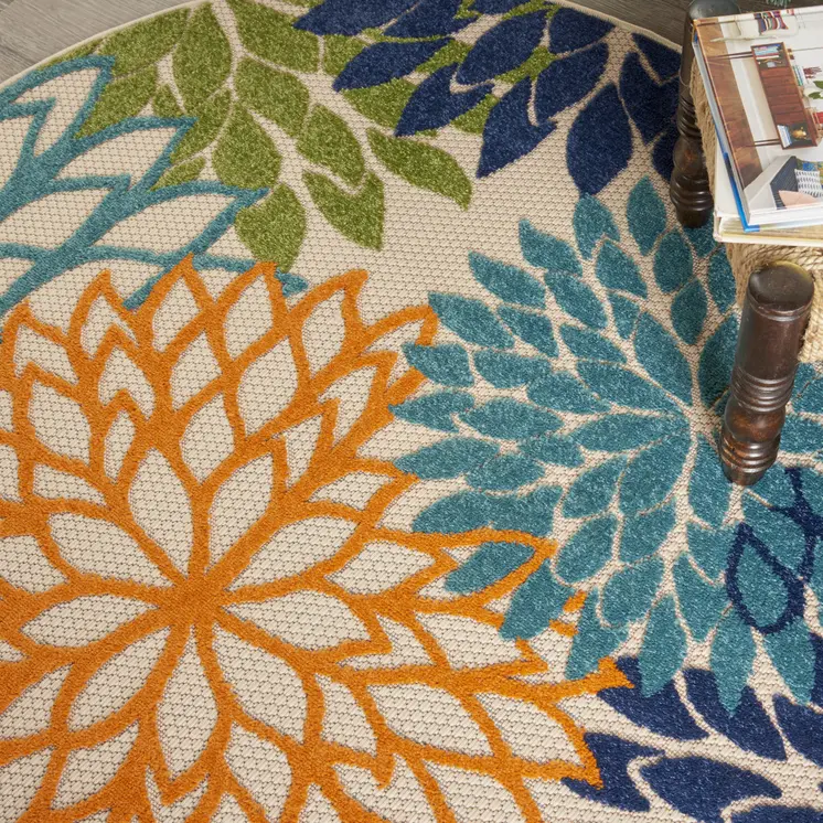 5' Ivory And Blue Round Indoor Outdoor Area Rug
