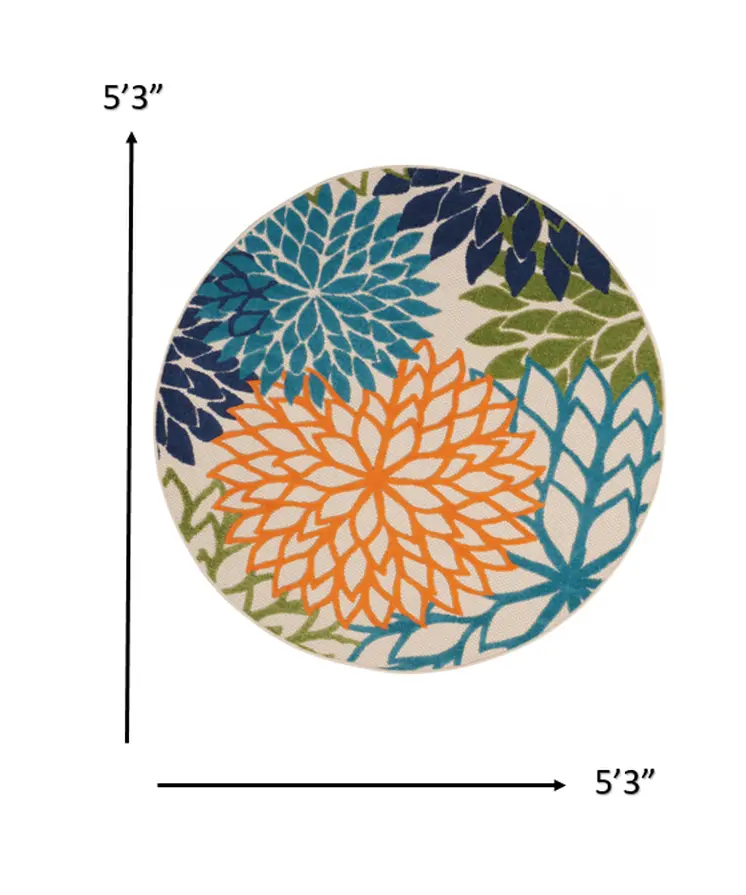 5' Ivory And Blue Round Indoor Outdoor Area Rug