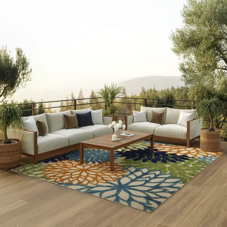 6' X 9' Ivory And Blue Floral Indoor Outdoor Area Rug