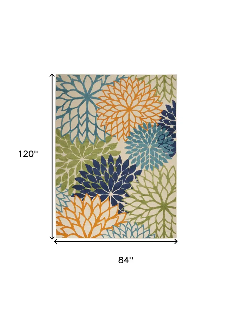 7' X 10' Ivory And Blue Floral Indoor Outdoor Area Rug
