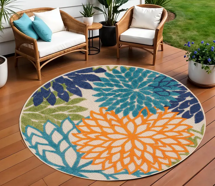8' Ivory And Blue Round Indoor Outdoor Area Rug