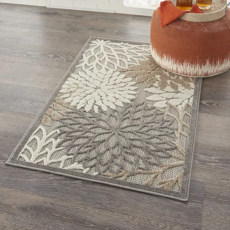 3' X 4' Gray And Ivory Floral Indoor Outdoor Area Rug
