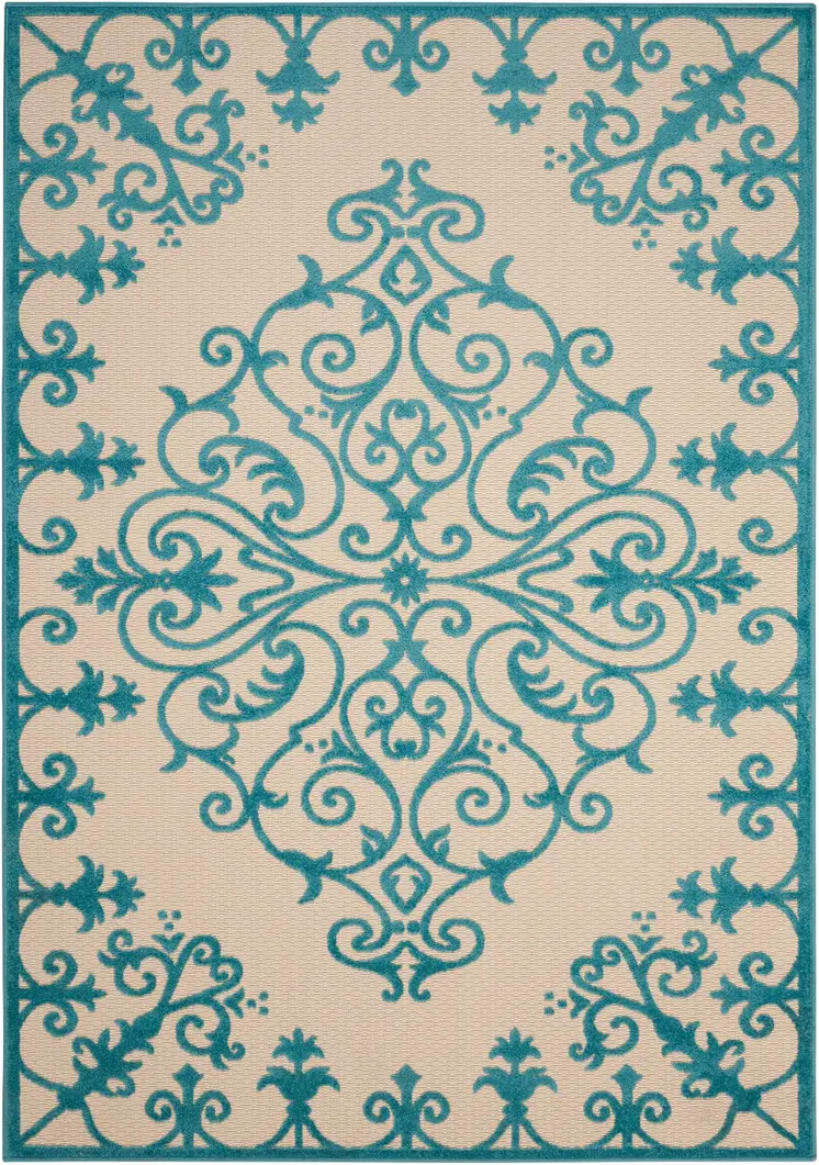 4' X 6' Aqua Damask Indoor Outdoor Area Rug