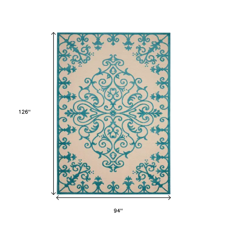 8' X 11' Aqua Damask Indoor Outdoor Area Rug
